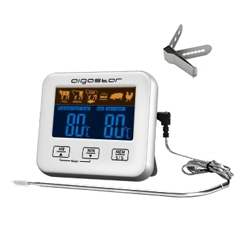 Imagen de Aigostar Elliott Termometro Cocina/Temporizador Cocina, Termómetro Digital de Cocina con Sonda y Temperatura Programable; Pantalla LCD, Objetivo Alarma, Imanes Fijación Para Horno.