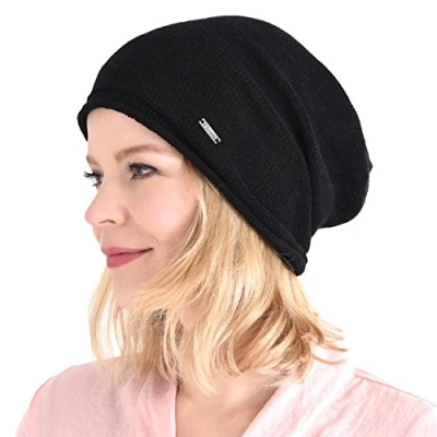 Imagen de CHARM Casualbox 100% Seda Gorros Beanie Natural Quimio Sombrero Sensible Piel Grande Desgarbado Negro
