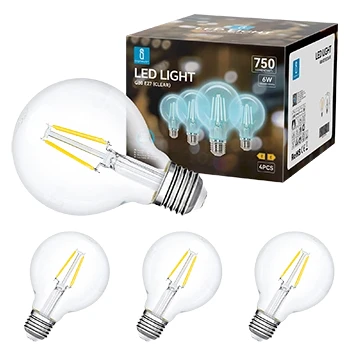 Imagen de Aigostar Bombilla LED E27 Edison, 6W Equivalente a 57W, Blanco Frío 6500K, 750 Lúmenes, Vintage Decorativa G80 de Filamento, No Regulable, Cristal Transparente, Pack 4