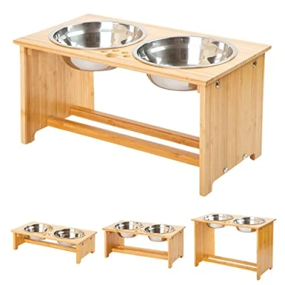 Imagen de Cajones para Perros levantados Gatos y de Comida Agua con elevaciones bambú Soportes alimentadores 2 tazones Acero Inoxidable (L)