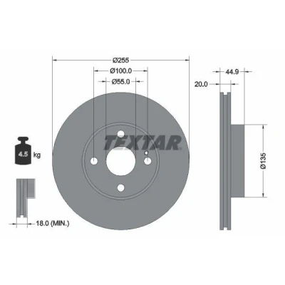 Imagen de TEXTAR 92096800 Disco de freno 255 20 04/05 100 ventilación interna sin cojinete rueda, perno sujeción buje rueda
