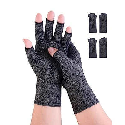 Imagen de Donfri 2 pares de guantes compresión para artritis, sin dedos, aliviar el dolor, juegos y dar calor, aptos mujeres hombres, antideslizantes (S, negro)