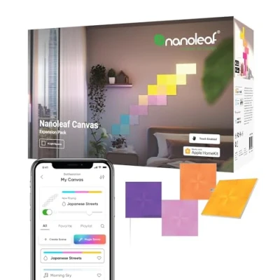 Imagen de Nanoleaf Canvas Expansion Pack, 4 Cuadrados Led Inteligentes RGBW Adicionales Apliques de Pared Interior Modulares, Luces 16M Colores WiFi, Compatible con Alexa, Decoración Habitación y Gaming