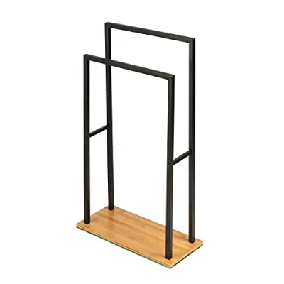Imagen de WENKO Toallero de pie «Bambusa», con 2 barras verticales para toallas, base bambú, estructura acero negro, estilo loft, accesorio baño sostenible, 46 x 20 80 cm, color natural/negro