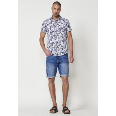 Imagen de Camisa de Manga Corta Algodón con Estampado Tropical. Cierre Botones y Bolsillo Delantero. Color Blanco para Hombre