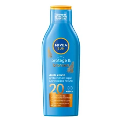 Imagen de NIVEA SUN Protege &amp; Broncea Leche solar Activadora del bronceado FP20 (1 x 200 ml), potenciador resistente al agua, crema bronceadora con protección alta