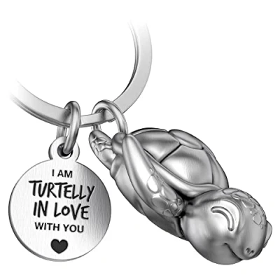 Imagen de FABACH Llavero de tortuga Snappy con corazón y grabado, diseño tortuga, amuleto la suerte, como regalo para parejas, Plata antigua, talla única