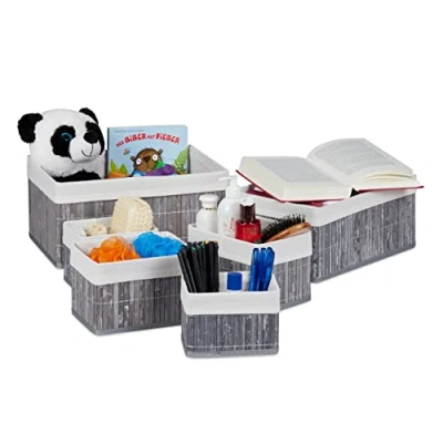 Imagen de Relaxdays, Gris Set de Seis cestas almacenaje, Funda Tela, Bambú, Cuadrado y Rectangular, Organizador
