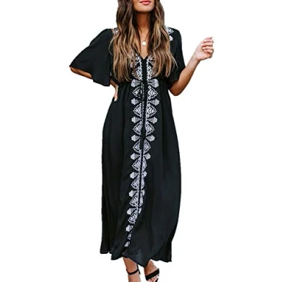Imagen de YouKD Verano Algodón Bordado Floral Largo Kaftan Bohemio Vestido de baño Playa para Mujer