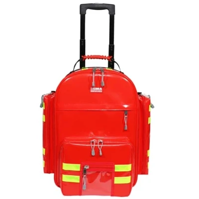 Imagen de GIMA Mochila De Emergencia Logic 2, En Pvc, Con Carro, 6 Bolsas Colores, 2 Bolsillos Frontales Y Laterales, Rojo Rayas Dobles Reflectantes Amarillas, Correas Hombro, Medidas 49 X 31 57 cm