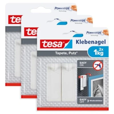 Imagen de tesa clavos adhesivos para papel pintado y yeso, 1 kg en paquete de 3 unidades, uñas autoadhesivas superficies delicadas, sin residuos, hasta capacidad sujeción por uña, x 2