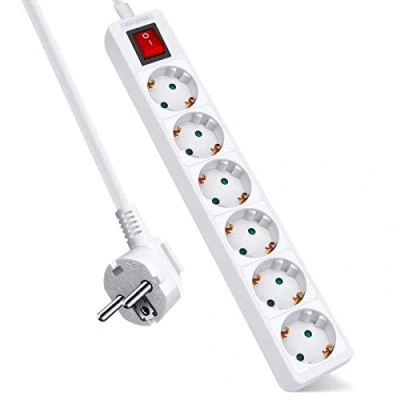 Imagen de EXTRASTAR Regleta con 6 Enchufes e Interruptor, Cable 1.5M, Tomas para el hogar, Oficina y Viajes, MAX 3680W, 16A, 250V, Blanco, 1pc
