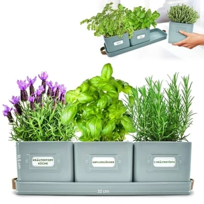 Imagen de Green Thumbz Macetas Decorativas Interior con Macetero Rectangular Mangos de Cuero y Jardinera Ideales para Plantas Color Azul