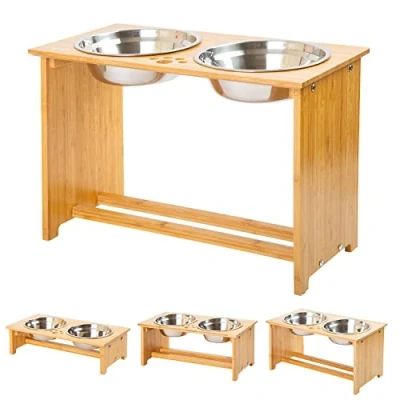 Imagen de Cajones para Perros levantados Gatos y de Comida Agua con elevaciones bambú Soportes alimentadores 2 tazones Acero Inoxidable (XL)