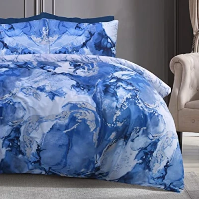 Imagen de Sleepdown Juego de Funda edredón Reversible mármol metálico con Purpurina Azul y Plateado Fundas Almohada 200 cm x