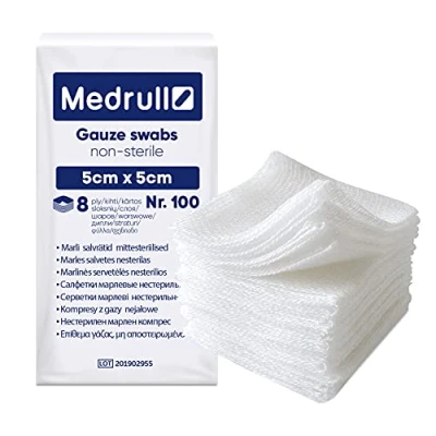 Imagen de Medrull Apósitos no estériles 100% algodón muy suave y absorbente, sin pegar, dolor, calidad médica, 8 capas, 5 x cm, paquete de 100 unidades