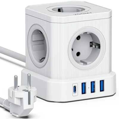 Imagen de VOOMY Regleta Enchufe, 9 en 1 Alargador Enchufe Cubo, 4000W con 5 Tomas, 3 USB A y C, Proteccion Sobretension, Powercube Alargadera 2 Metros, Blanco