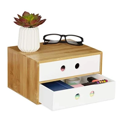 Imagen de Relaxdays Organizador de Escritorio, 2 Cajones, Bambú y MDF, Almacenaje Papelería Oficina, 14 x 25 20 cm, Blanco