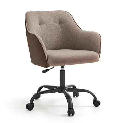 Imagen de SONGMICS Silla de Estudio, Giratoria, Altura Ajustable, Carga 110 kg, Marco Acero, Tela Algodón Lino Transpirable, para Dormitorio, Marrón OBG019K01