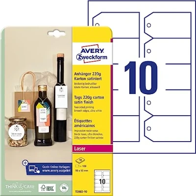 Imagen de Avery España T2002 10 colgantes imprimibles doble cara de cartón bordes lisos, 200 gr, rectangular 90x50mm, caja 100 incluye el hilo para colgarlos, impresola láser e Inkjet