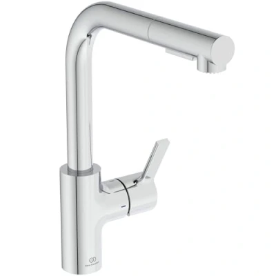Imagen de Ideal Standard Gusto, Mezclador monomando para fregadero de cocina, Boca en L tubular con alcachofa giratoria y extraíble dos funciones, cromado