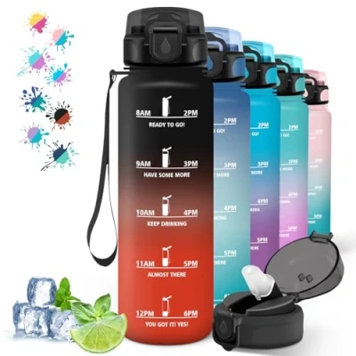 Imagen de Botella Agua 1 Litro, Gimnasio con Pajita, Reutilizable, Cantimplora Marca de Tiempo, Gym, A Prueba Fugas, para Yoga, Correr, Senderismo, Negro Rojo