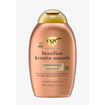 Imagen de OGX Ever Straightening + Brazilian Keratin Smooth Conditioner (385 ml), acondicionador alisador con aceite de coco y proteínas keratina, tensioactivos sin sulfatos, para pelo grueso
