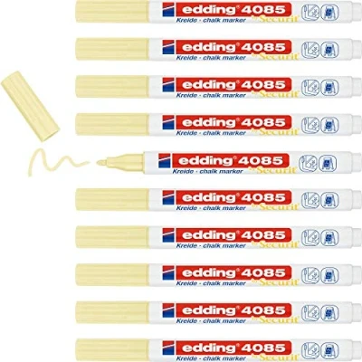 Imagen de edding 4085 marcador de tiza amarillo pastel 1 rotulador punta redonda 2 mm rotuladores para cristal borrables pizarras, vidrio y espejos líquida cobertura opaca