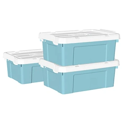 Imagen de Cetomo 15L*3 Caja de Almacenamiento con Asa, Plástico Tapa y Cierre Seguro, Contenedor Almacenamiento, Duradera, Apilable, Resistentes, Azul, Paquete 3 15L