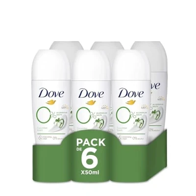 Imagen de Dove 0% Desodorante Roll On Pepino y Té Verde Protección 48 horas Antitranspirante, 50 ml, pack de 6 Unidades