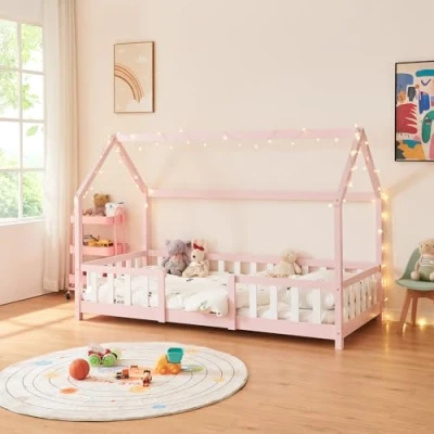 Imagen de [en.casa][Neu.Haus Cama para niños de Madera Pino Sisimiut con Colchón Espuma fría 90 x 200 cm Infantil Reja Protectora Forma casa Casita Oeko Tex 100 Rosa/Blanco