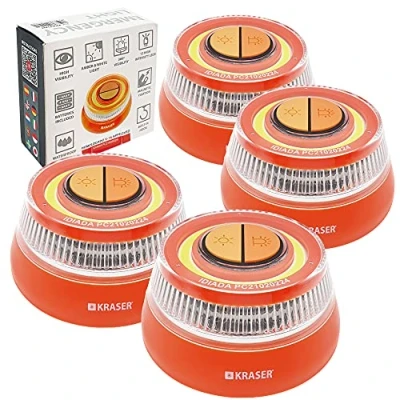 Imagen de KRASER KR4V16NP4 Pack 4 Luz Carretera Naranja, Holomogada DGT LED Intensidad, Baliza Luminosa de Emergencia Imantada, Autónoma, Pilas Incluídas, Compacta Linterna con Colgador