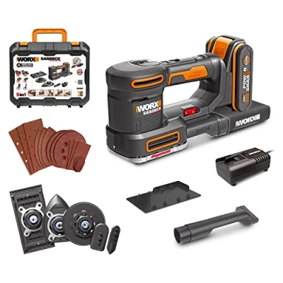 Imagen de WORX, Lijadora 5 en 1, Sandeck 20 V, PowerShare, WX 820 Batería 2 Ah, funciones con cambio facil, Velocidad variable, Diseño ergonómico, Hyperlock y Micro filtro DustStop