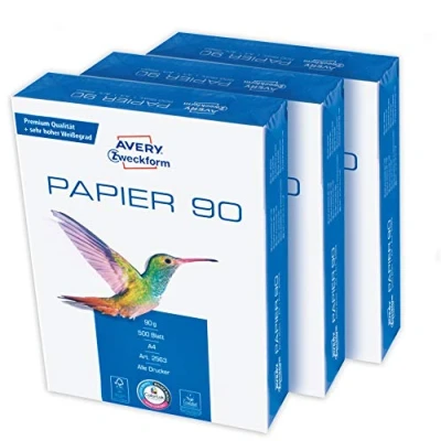 Imagen de AVERY Zweckform 2563 papel para impresora/fotocopiadora (1500 hojas, 90 g/m², DIN A4, blanco brillante, todas las impresoras), 1 caja de 3 unidades