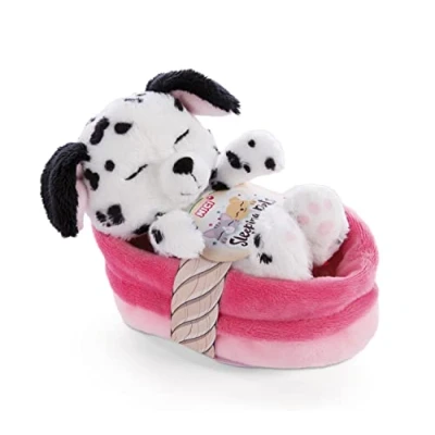 Imagen de NICI Mascotas, Suave Perro de Juguete en Cesta 12cm Sleeping Pets Dálmata, Niños y Bebés Relleno Esponjoso para Abrazar, Jugar Dormir Acogedor Animal Peluche, Color Blanco (47891)