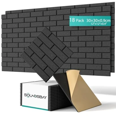 Imagen de Soundsbay placas acústicas autoadhesivas, 18 unidades, aislamiento acústico, pared de alta densidad, tipo ladrillo, insonorizadas para tratamiento acústico y decoración