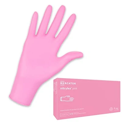 Imagen de MERCATOR MEDICAL NITRYLEX guantes desechables de nitrilo rosa (100 unidades), textura sin polvo a la punta los dedos, microtextura, talla L, color