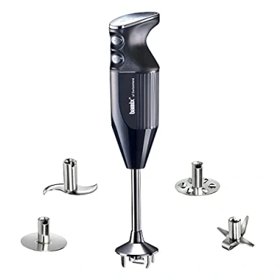 Imagen de bamix Batidora de mano M350 MAXX con cuchillas multifunción, Carne, Verdura, Mezclador, Disco giratorio acero inoxidable, 350 W, 2 veloc., Made in Switzerland, Negro/cromado