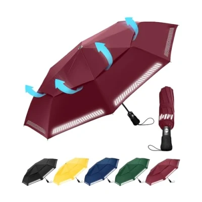 Imagen de Chakipee Paraguas Plegable Antiviento Automatico Reflectante Rojo Resistente Al Viento con Doble Cubierta Compacto para Mujer y Hombre de Viaje 8 Varillas