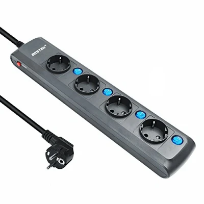 Imagen de BESTEK Regleta Enchufes con 4 Tomas Interruptores Individuales (1,8 m, 3600w, Protección para Niños), Color Negro Luz Azul