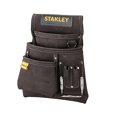 Imagen de STANLEY Bolsa para clavos con soporte martillo, piel de búfalo flexible y duradera, múltiples bolsillos fácil acceso, reforzada remaches, cosido doble, STST1 80114