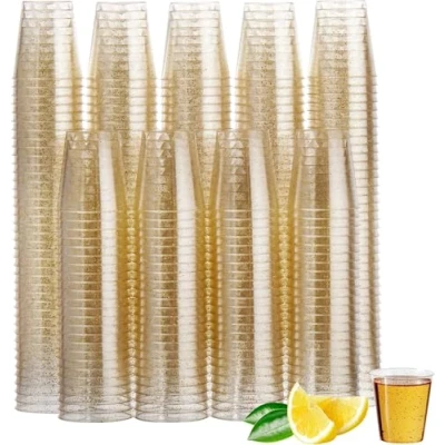 Imagen de MATANA 150 Vasos de Chupito Plástico Duro con Brillo Dorado, 30ml Resistentes y Reutilizables Cumpleaños, Bodas, Navidad, Barbacoas, Halloween, Fiestas