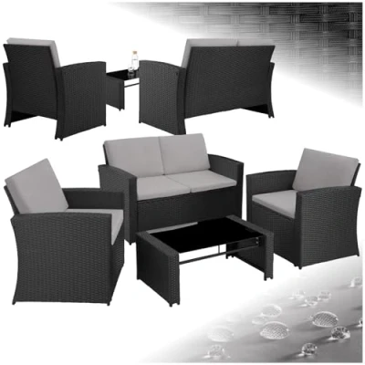 Imagen de TecTake® Conjunto Jardín de Ratán y Acero, Muebles Exterior, 2 Sillones, 1 Sofá, Mesa con Cristal, Terraza Resistente a Intemperie, Cojines, Fundas Extraíbles Negro/Gris