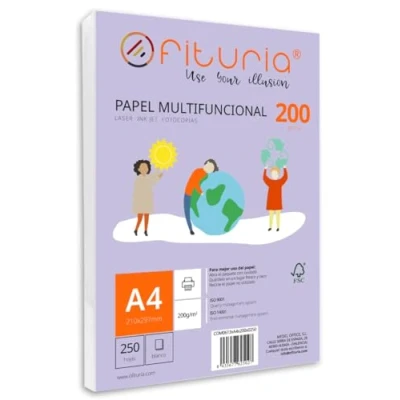 Imagen de Paquete de folios A4 200gr con 250 Hojas Blancas, Papel Multifuncional para Uso Escolar y Entornos Laborales. Ideal impresoras láser, inyección o fotocopiadoras Ofituria