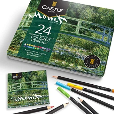 Imagen de Castle Arts 24 lápices de colores en un estuche metal, inspirado Monet. Perfecto para dibujar, hacer bocetos, colorear. Con núcleos blandos, mezcla superior y juego capas