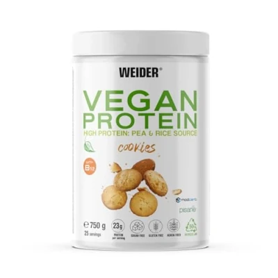 Imagen de Weider Vegan Protein (750g) Sabor Cookies. Proteína Vegana 23g/dosis. Con Vitamina B12 y Stevia. Sin Gluten, Azúcar. Bote 50% Reciclado, 100% Reciclable