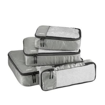 Imagen de Amazon Basics Organizador Para Maletas, Organizadores de Viaje, con Cremallera, Juego 4 Bolsas, Grande/Mediano/Pequeño/Delgado, Gris