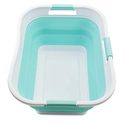 Imagen de SAMMART cesta plegable de plástico 30 L, contenedor almacenamiento y organizador bañera portátil ahorro espacio (1, blanco/verde lago), Talla: 20 x 15 10 cm