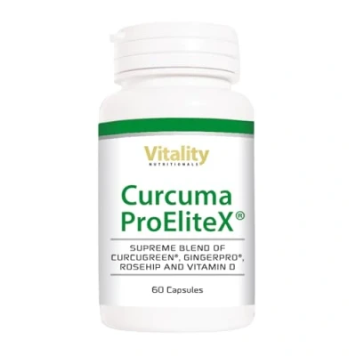 Imagen de Cúrcuma con curcuminoides, curcumina, rosehip, vitaminas D3 y C, jengibre. Amplificadores naturales para aumentar la potencia bioactividad. Vitality Nutritionals by VitaminExpress.