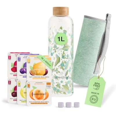 Imagen de waterdrop® Starter Set Botella de Vidrio + 18 Microdrinks para Disolver en 6 Variedades Frutas Paquete Degustación, 1 L a Prueba Fugas Apta Bebidas Carbonatadas